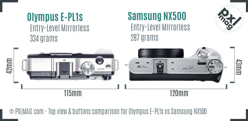 Olympus E-PL1s vs Samsung NX500 top view buttons comparison