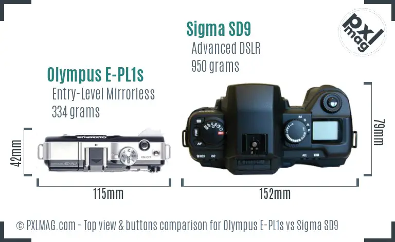 Olympus E-PL1s vs Sigma SD9 top view buttons comparison