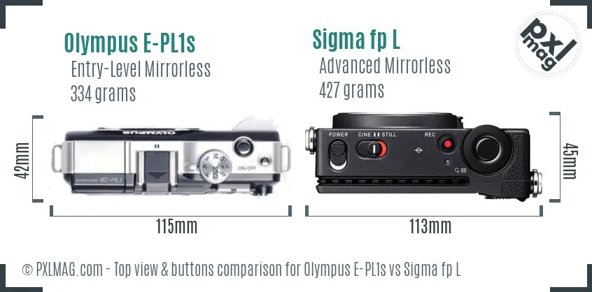Olympus E-PL1s vs Sigma fp L top view buttons comparison Olympus E-PL1s vs Sigma fp L top view buttons comparison