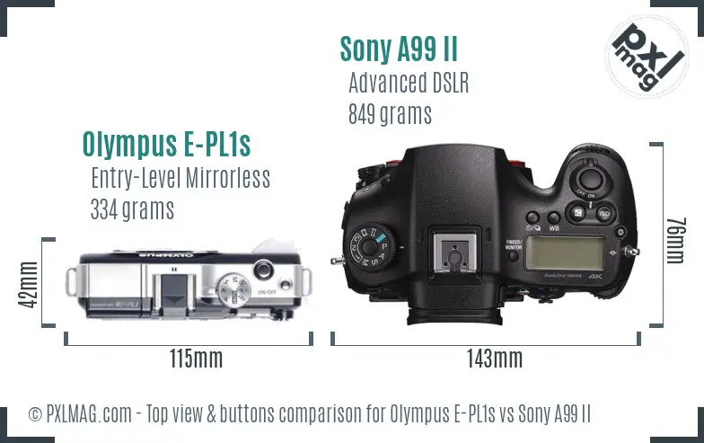 Olympus E-PL1s vs Sony A99 II top view buttons comparison