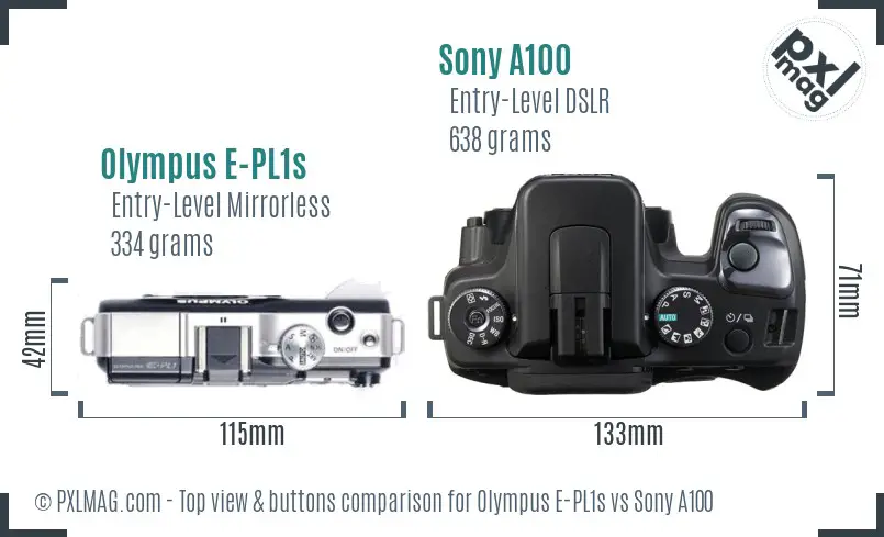 Olympus E-PL1s vs Sony A100 top view buttons comparison