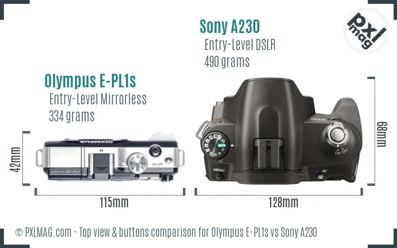Olympus E-PL1s vs Sony A230 top view buttons comparison