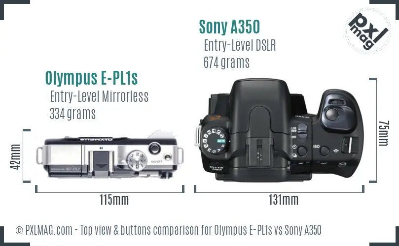 Olympus E-PL1s vs Sony A350 top view buttons comparison