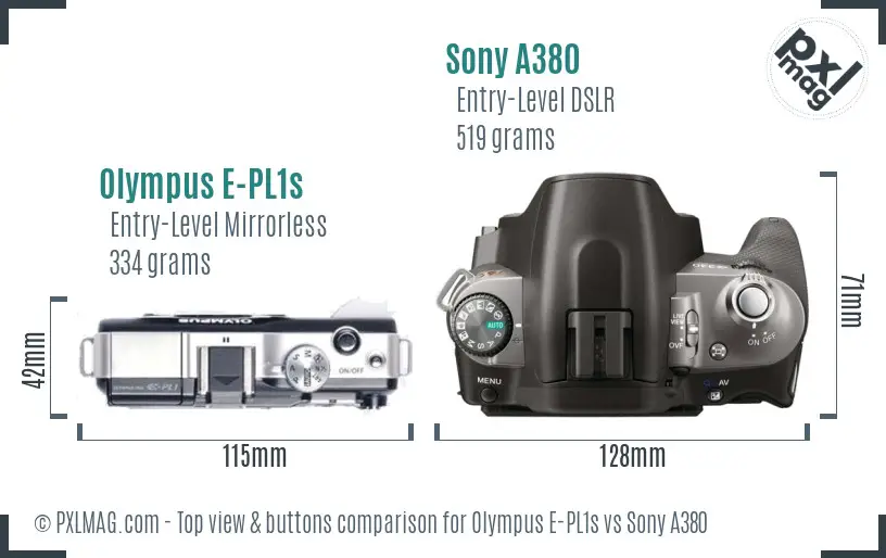 Olympus E-PL1s vs Sony A380 top view buttons comparison