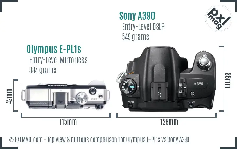 Olympus E-PL1s vs Sony A390 top view buttons comparison