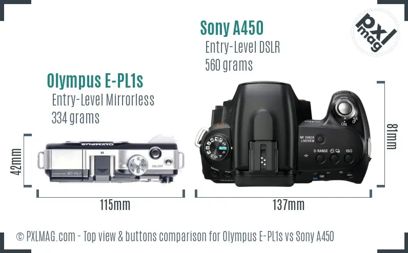 Olympus E-PL1s vs Sony A450 top view buttons comparison