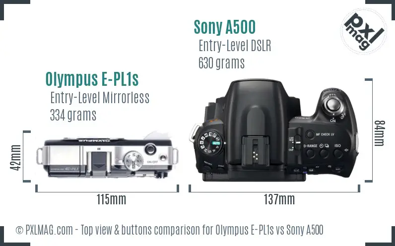 Olympus E-PL1s vs Sony A500 top view buttons comparison