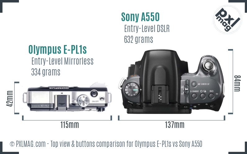 Olympus E-PL1s vs Sony A550 top view buttons comparison