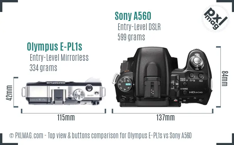 Olympus E-PL1s vs Sony A560 top view buttons comparison