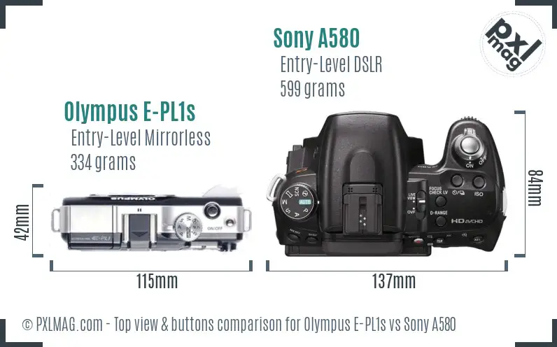 Olympus E-PL1s vs Sony A580 top view buttons comparison