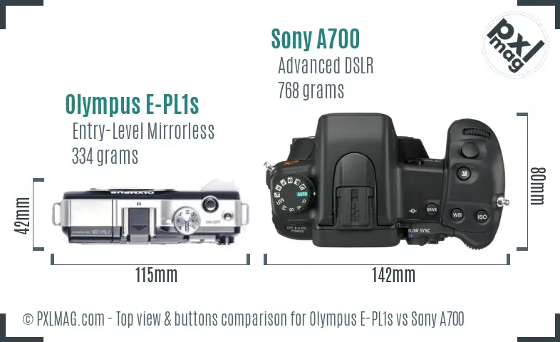 Olympus E-PL1s vs Sony A700 top view buttons comparison