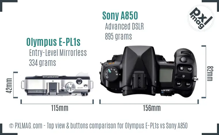 Olympus E-PL1s vs Sony A850 top view buttons comparison