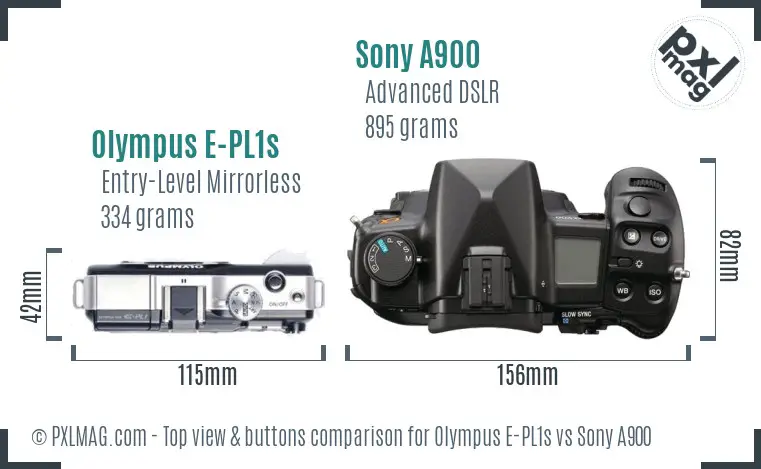 Olympus E-PL1s vs Sony A900 top view buttons comparison