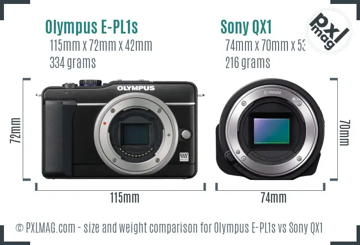 Olympus E-PL1s vs Sony QX1 size comparison