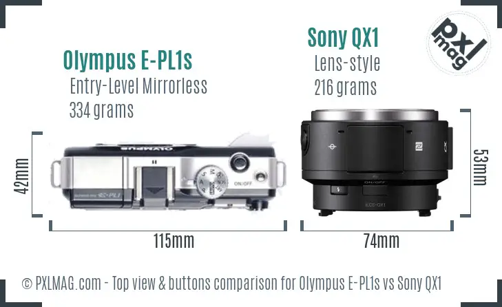 Olympus E-PL1s vs Sony QX1 top view buttons comparison