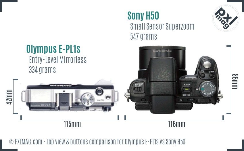 Olympus E-PL1s vs Sony H50 top view buttons comparison