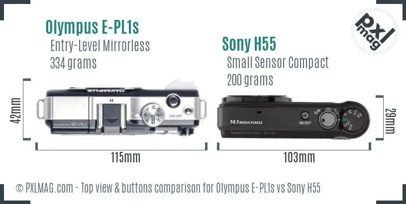 Olympus E-PL1s vs Sony H55 top view buttons comparison