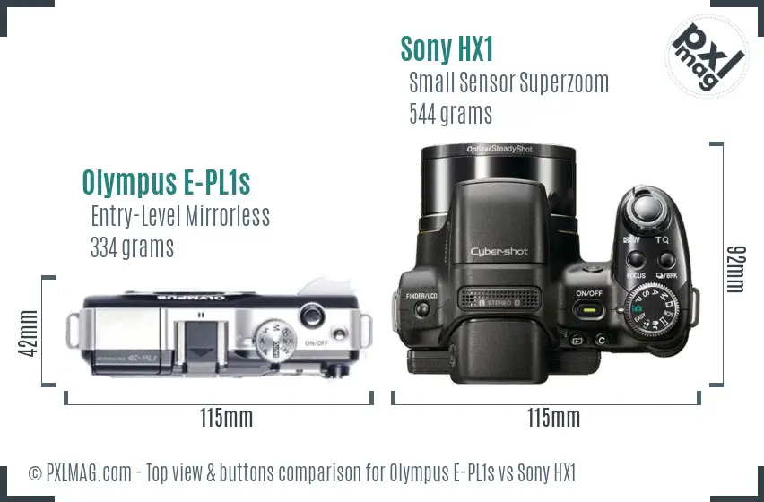 Olympus E-PL1s vs Sony HX1 top view buttons comparison