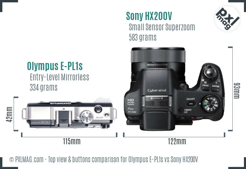 Olympus E-PL1s vs Sony HX200V top view buttons comparison