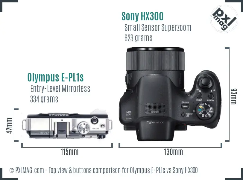 Olympus E-PL1s vs Sony HX300 top view buttons comparison