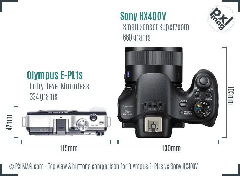 Olympus E-PL1s vs Sony HX400V top view buttons comparison