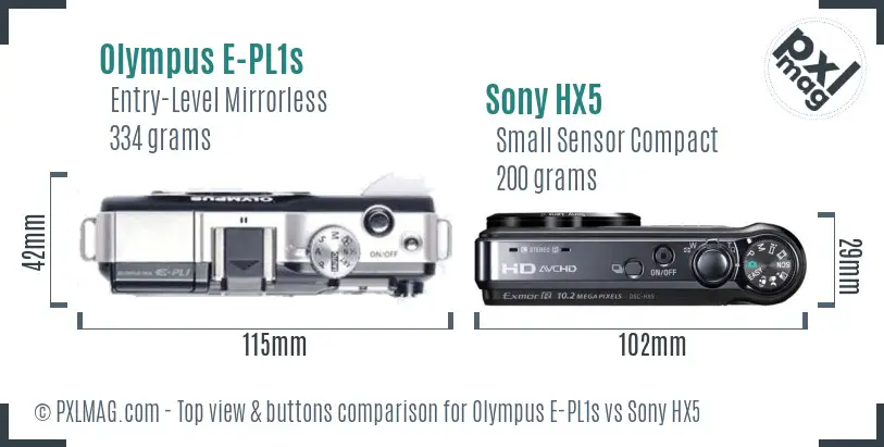 Olympus E-PL1s vs Sony HX5 top view buttons comparison