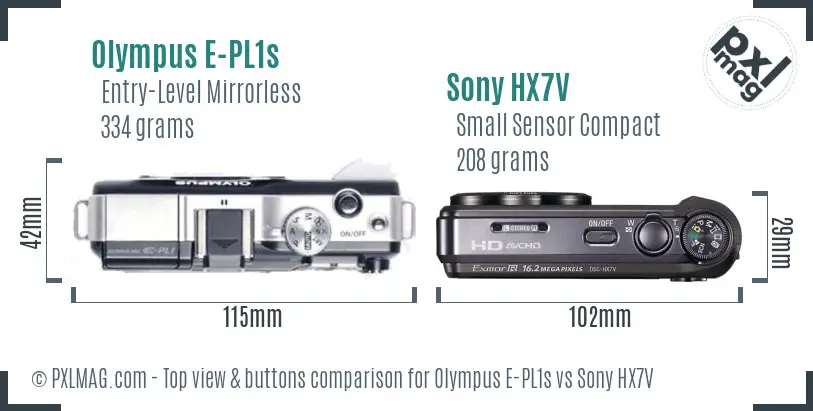 Olympus E-PL1s vs Sony HX7V top view buttons comparison