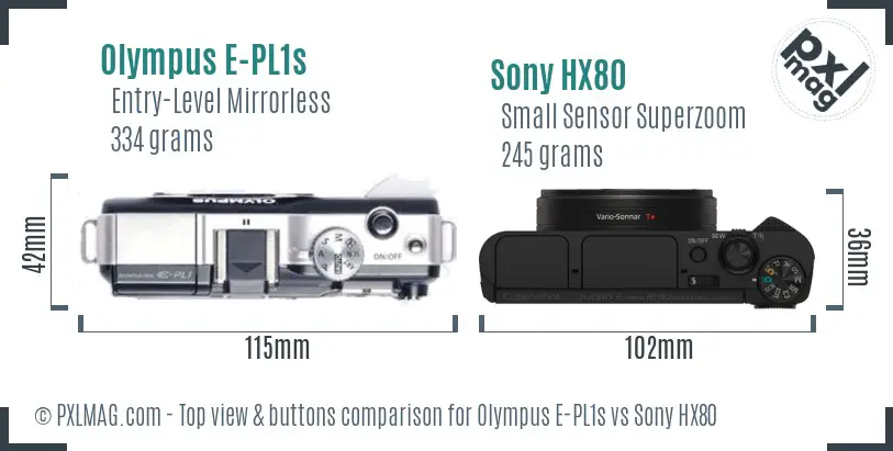 Olympus E-PL1s vs Sony HX80 top view buttons comparison