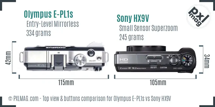 Olympus E-PL1s vs Sony HX9V top view buttons comparison