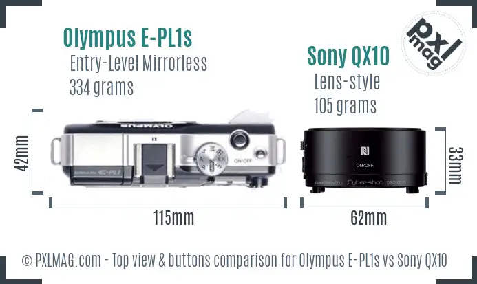 Olympus E-PL1s vs Sony QX10 top view buttons comparison Olympus E-PL1s vs Sony QX10 top view buttons comparison
