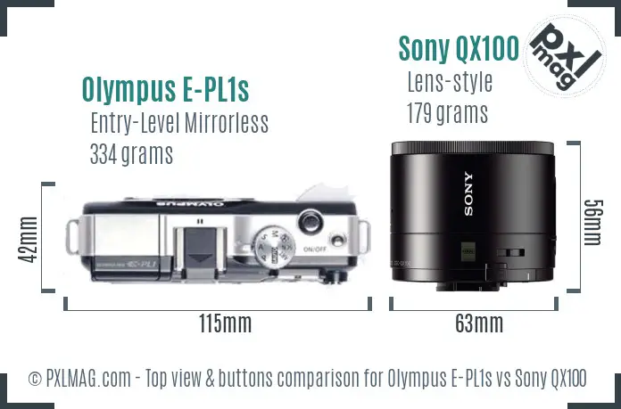 Olympus E-PL1s vs Sony QX100 top view buttons comparison Olympus E-PL1s vs Sony QX100 top view buttons comparison