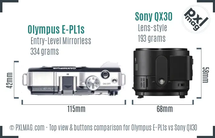 Olympus E-PL1s vs Sony QX30 top view buttons comparison