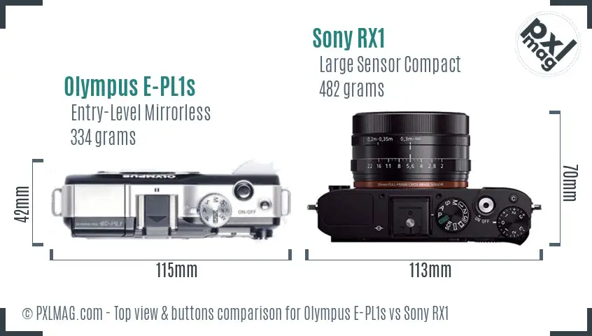 Olympus E-PL1s vs Sony RX1 top view buttons comparison