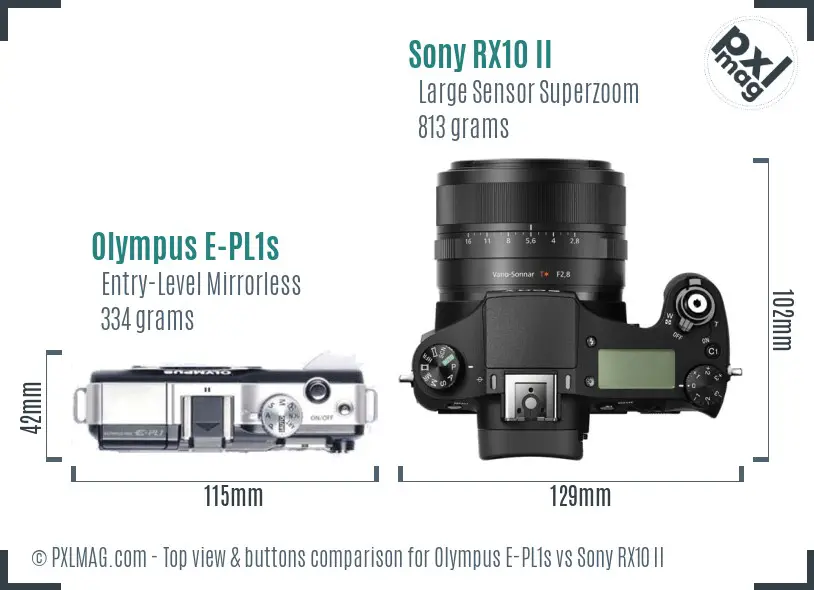 Olympus E-PL1s vs Sony RX10 II top view buttons comparison