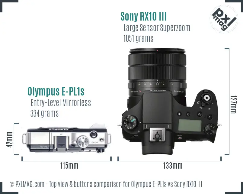 Olympus E-PL1s vs Sony RX10 III top view buttons comparison
