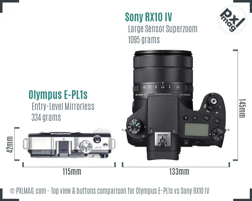 Olympus E-PL1s vs Sony RX10 IV top view buttons comparison