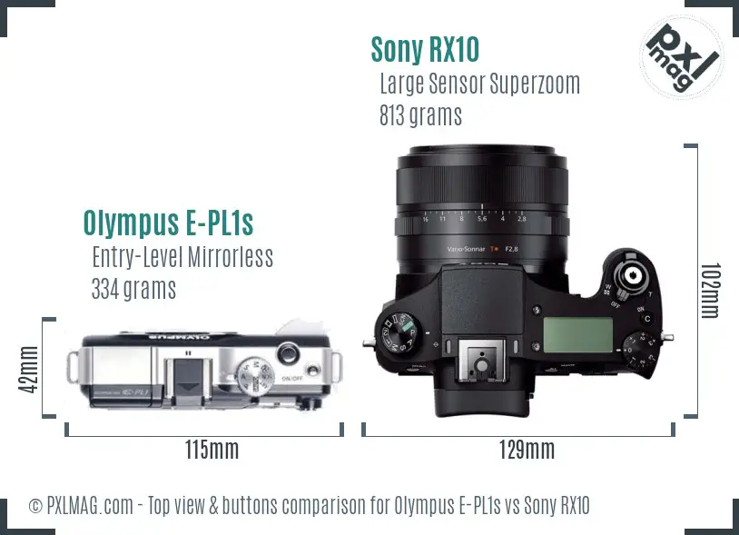 Olympus E-PL1s vs Sony RX10 top view buttons comparison