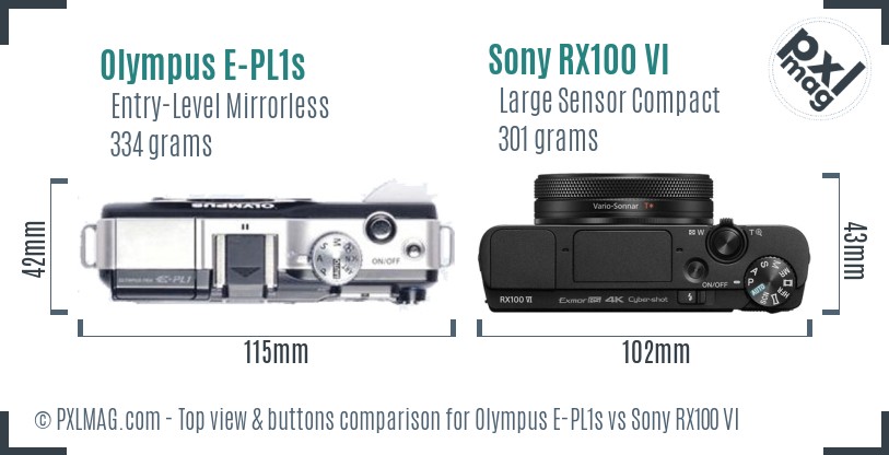 Olympus E-PL1s vs Sony RX100 VI top view buttons comparison