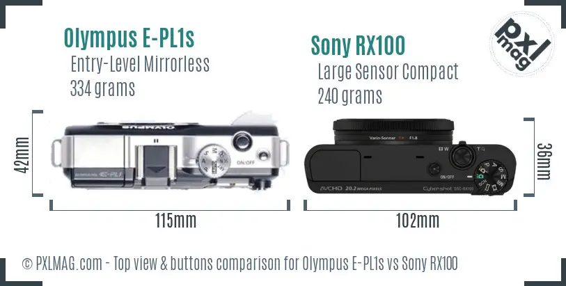 Olympus E-PL1s vs Sony RX100 top view buttons comparison