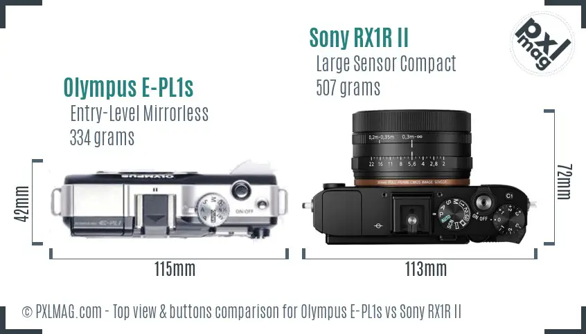 Olympus E-PL1s vs Sony RX1R II top view buttons comparison Olympus E-PL1s vs Sony RX1R II top view buttons comparison