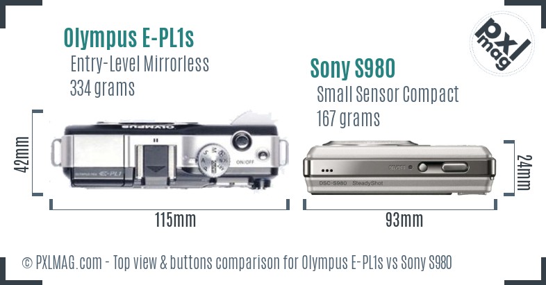 Olympus E-PL1s vs Sony S980 top view buttons comparison