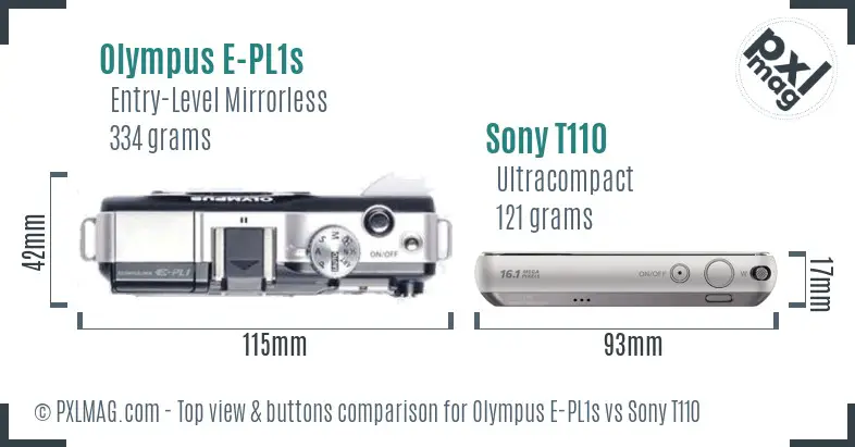 Olympus E-PL1s vs Sony T110 top view buttons comparison