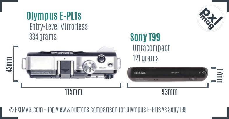 Olympus E-PL1s vs Sony T99 top view buttons comparison