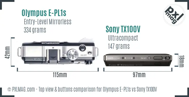 Olympus E-PL1s vs Sony TX100V top view buttons comparison
