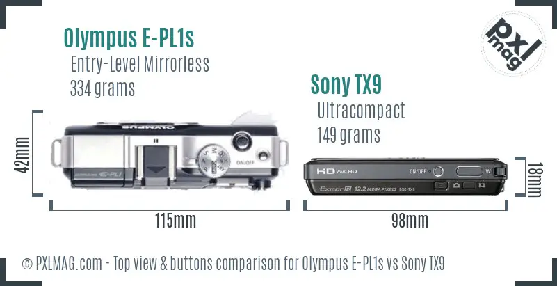 Olympus E-PL1s vs Sony TX9 top view buttons comparison Olympus E-PL1s vs Sony TX9 top view buttons comparison