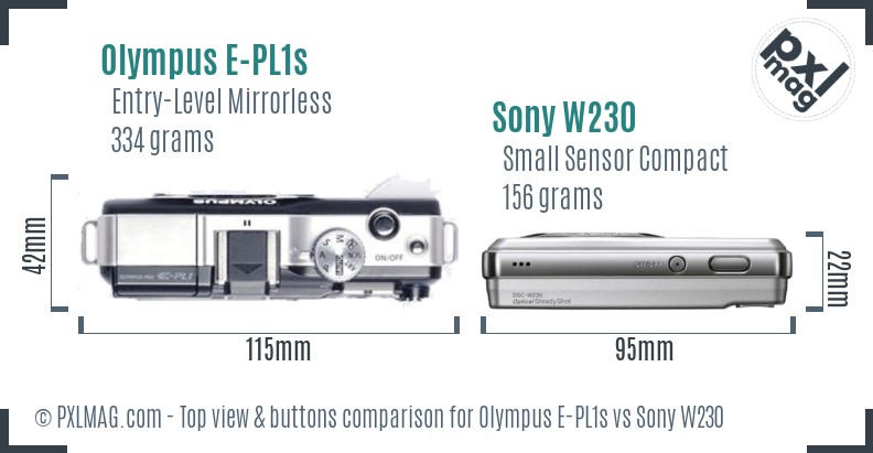 Olympus E-PL1s vs Sony W230 top view buttons comparison