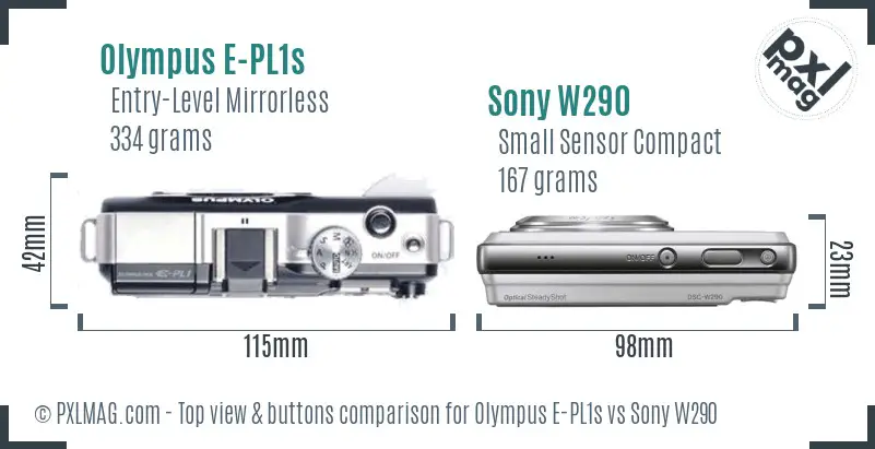 Olympus E-PL1s vs Sony W290 top view buttons comparison