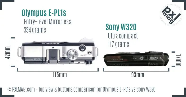 Olympus E-PL1s vs Sony W320 top view buttons comparison