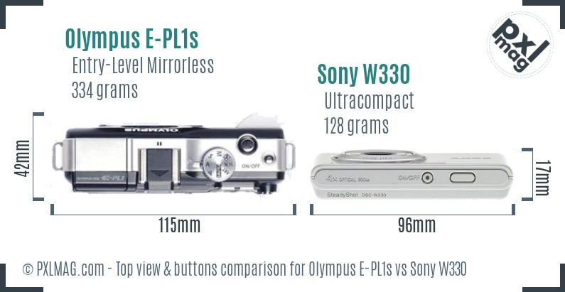 Olympus E-PL1s vs Sony W330 top view buttons comparison