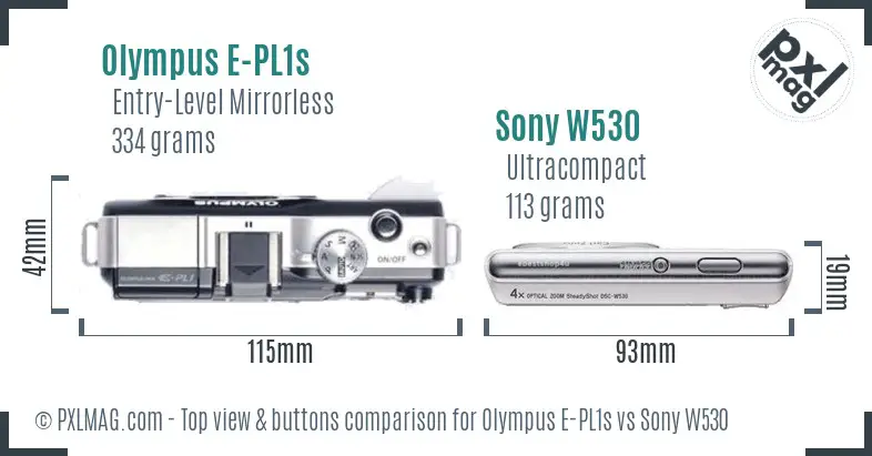 Olympus E-PL1s vs Sony W530 top view buttons comparison